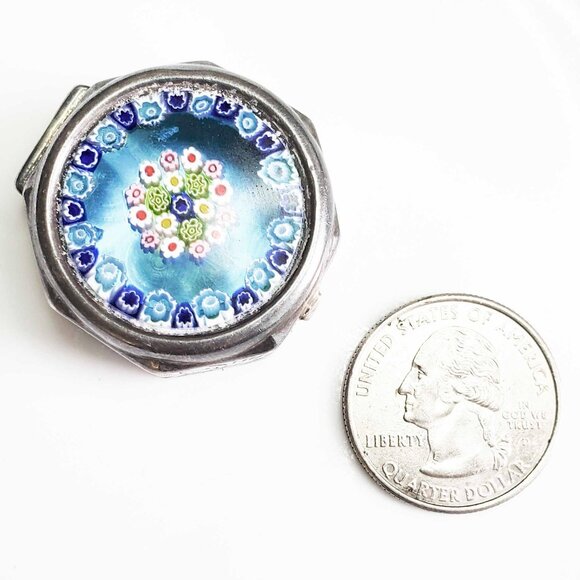 Vintage Italian Sterling Silver 925 Murano Millefiori Mini Blue Pill Box - Picture 5 of 9